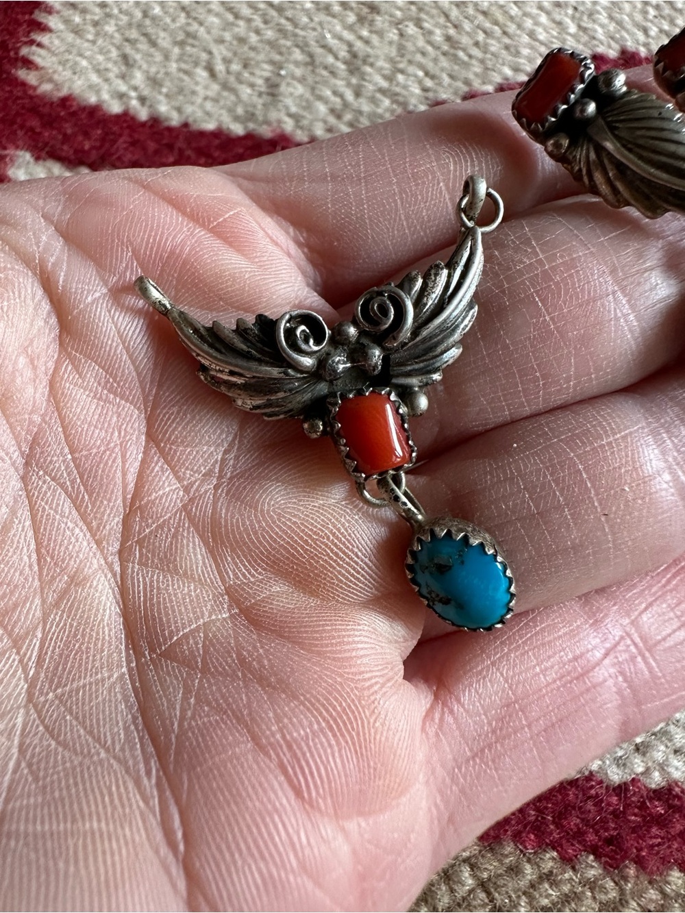 Vintage Native American Turquoise Coral Sterling Earrings And Pendant - Picture 2 of 10